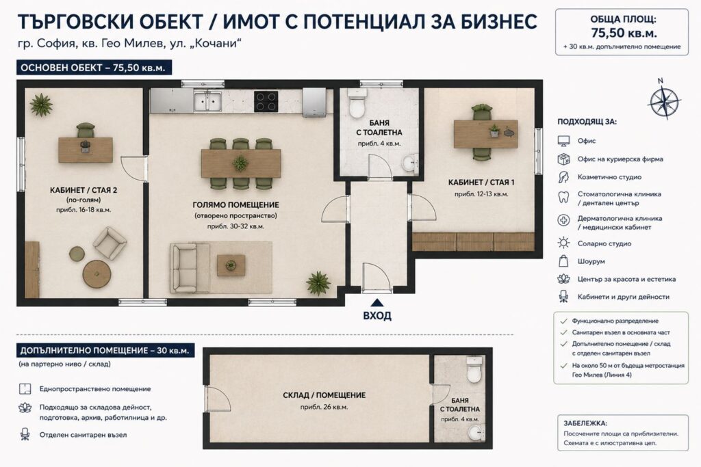 Търговски обект с отличен бизнес потенциал в Гео Милев | 75,50 кв.м. + 30 кв.м.