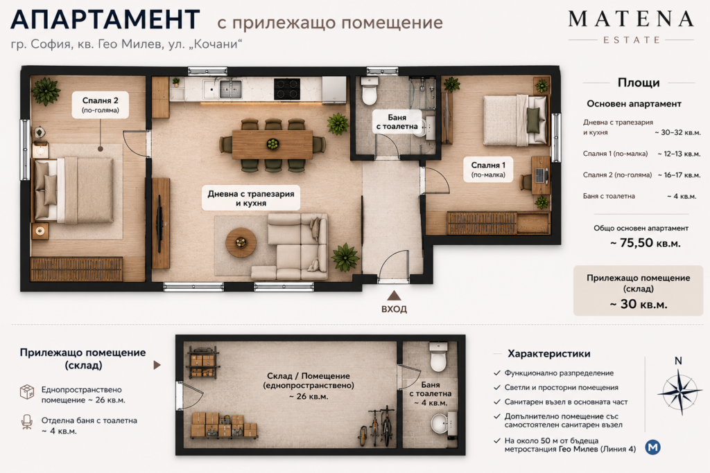 Обзаведен 3-стаен имот в кв. Гео Милев | 76 кв.м. + допълнително помещение 30 кв.м.